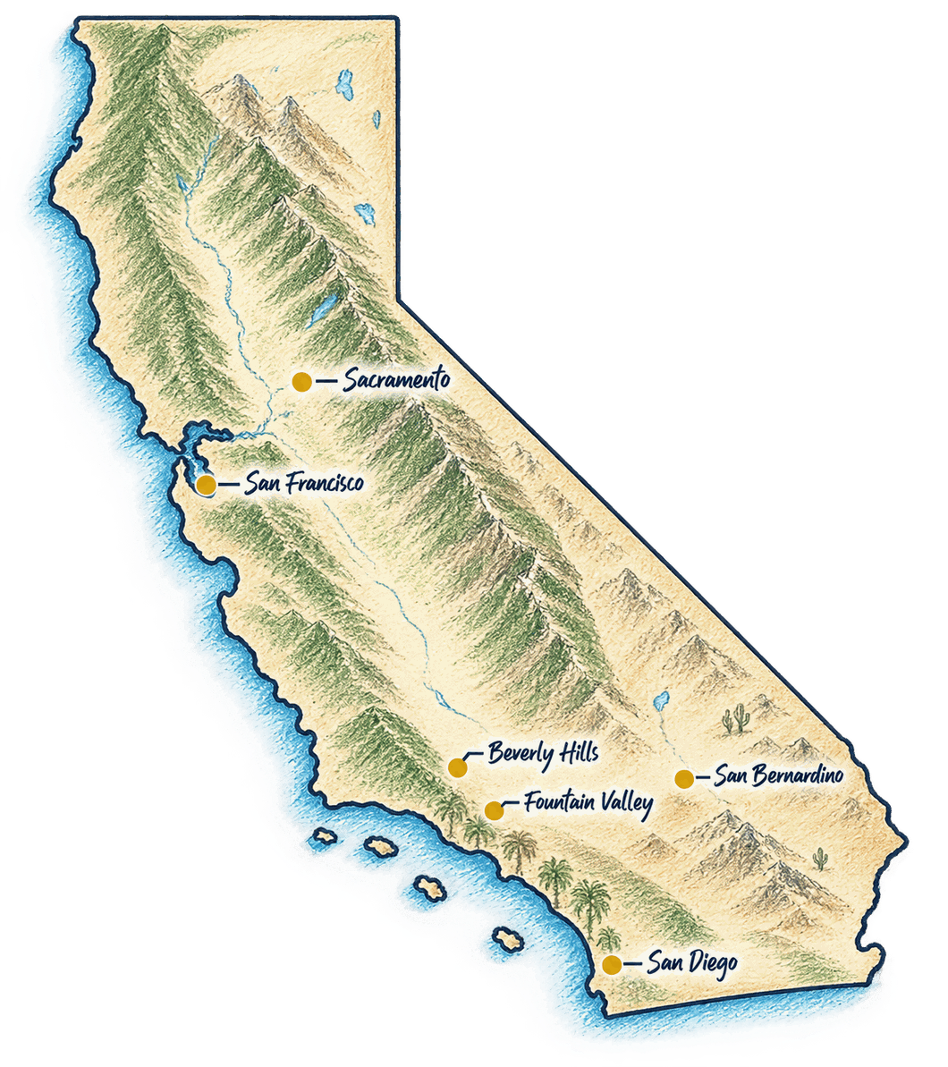 Illustrated map of California showing the cities Pingle Law serves: Sacramento, San Francisco, Beverly Hills, Fountain Valley, San Bernardino, and San Diego