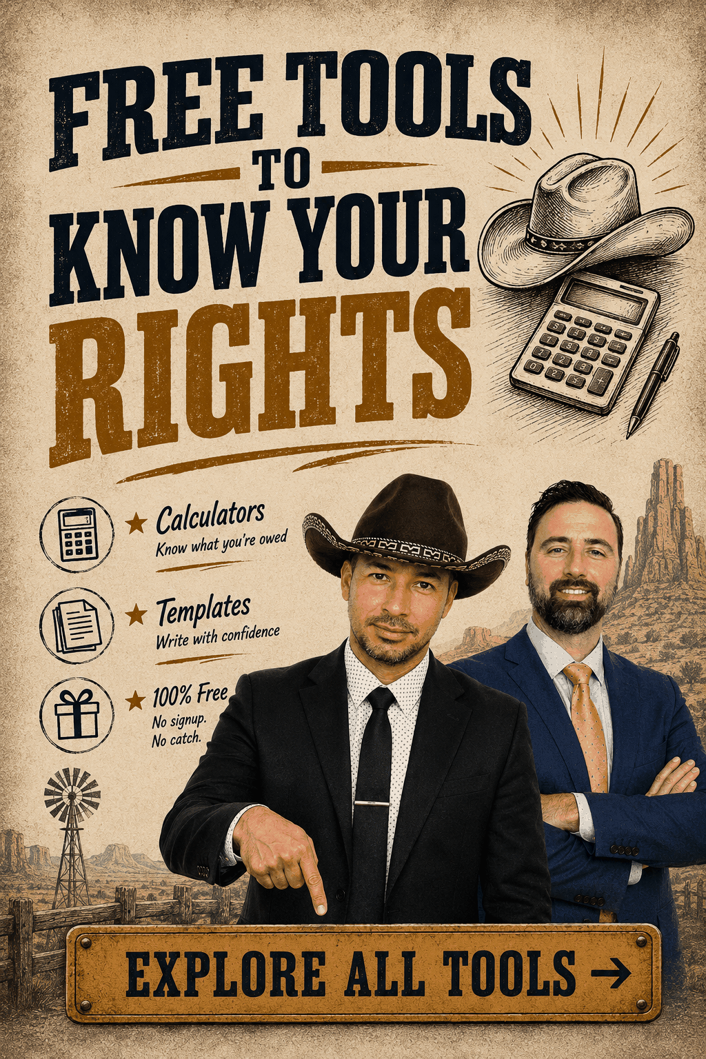 Free tools to know your rights: calculators, templates, 100% free, no signup, no catch. Explore all tools.